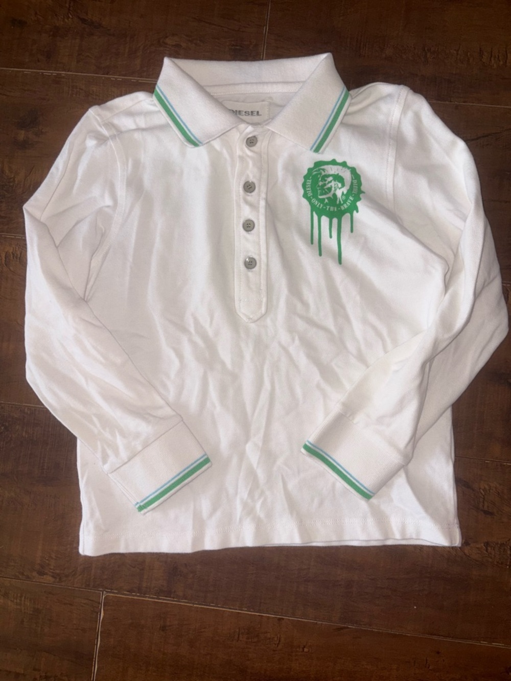 Diesel White Long Sleeve Polo with Green Logo and Trim